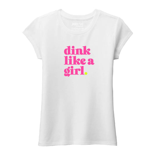 jojo + lo Glitter Flake Dink Like a Girl Little Girl Crew Tee - Pickleball Sports Smart Buy