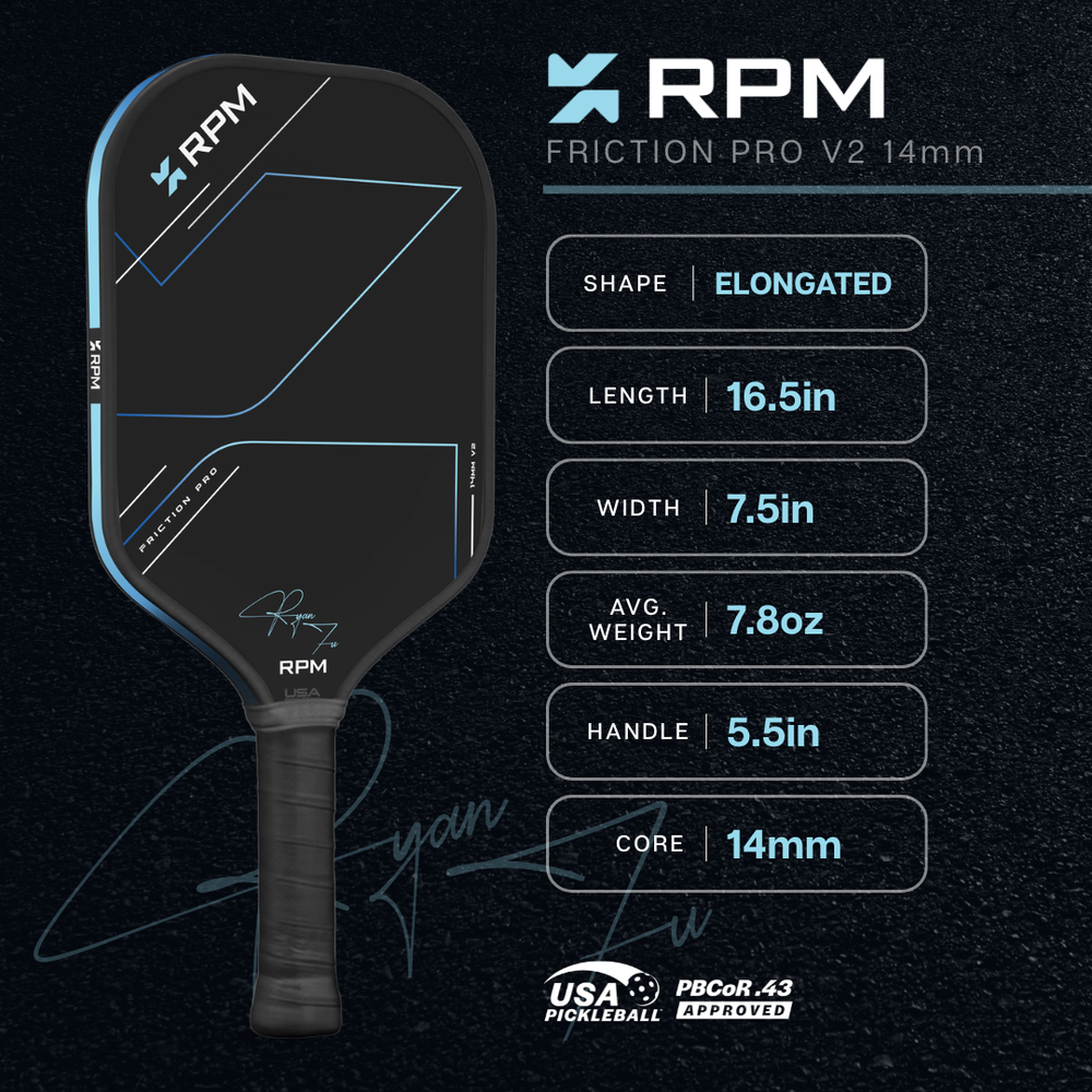 RPM Friction Pro Elongated V2 Carbon Fiber Pickleball Paddle - Pickleball Sports Featured