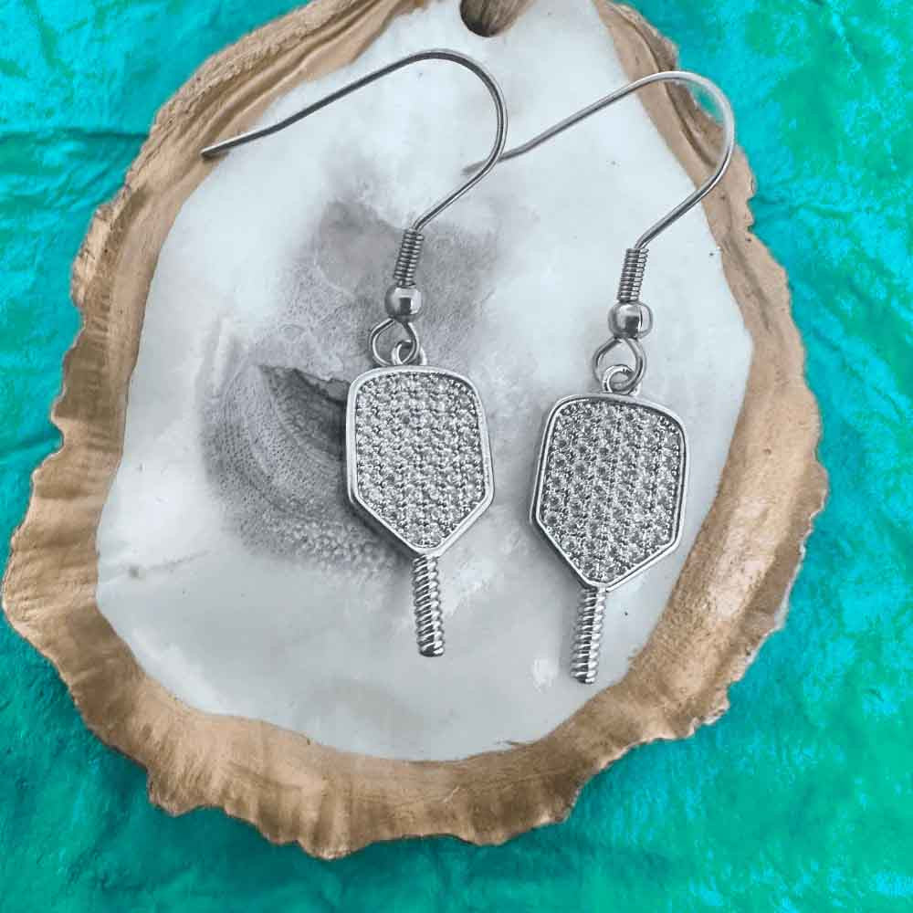 Born to Rally Pickleball Paddle CZ Dangle Earrings - Pickleball Sports Classic