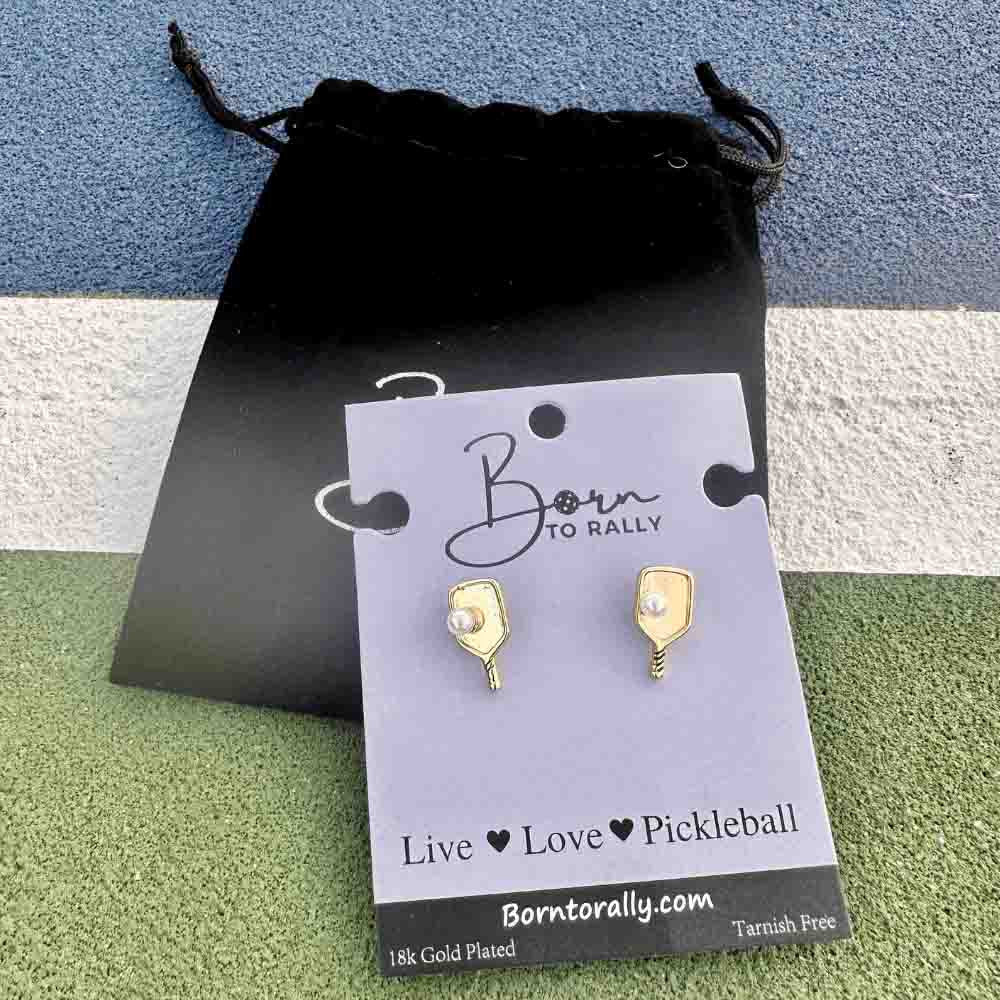 Born to Rally Pickleball Pearl Stud Earrings - Pickleball Sports Classic